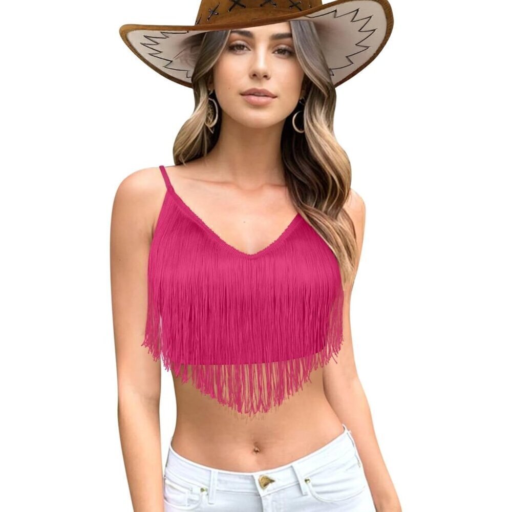 Women Tassel Pink  Tank Outfits Festival Clothes Rave V-Neck Sleeveless Shirt
